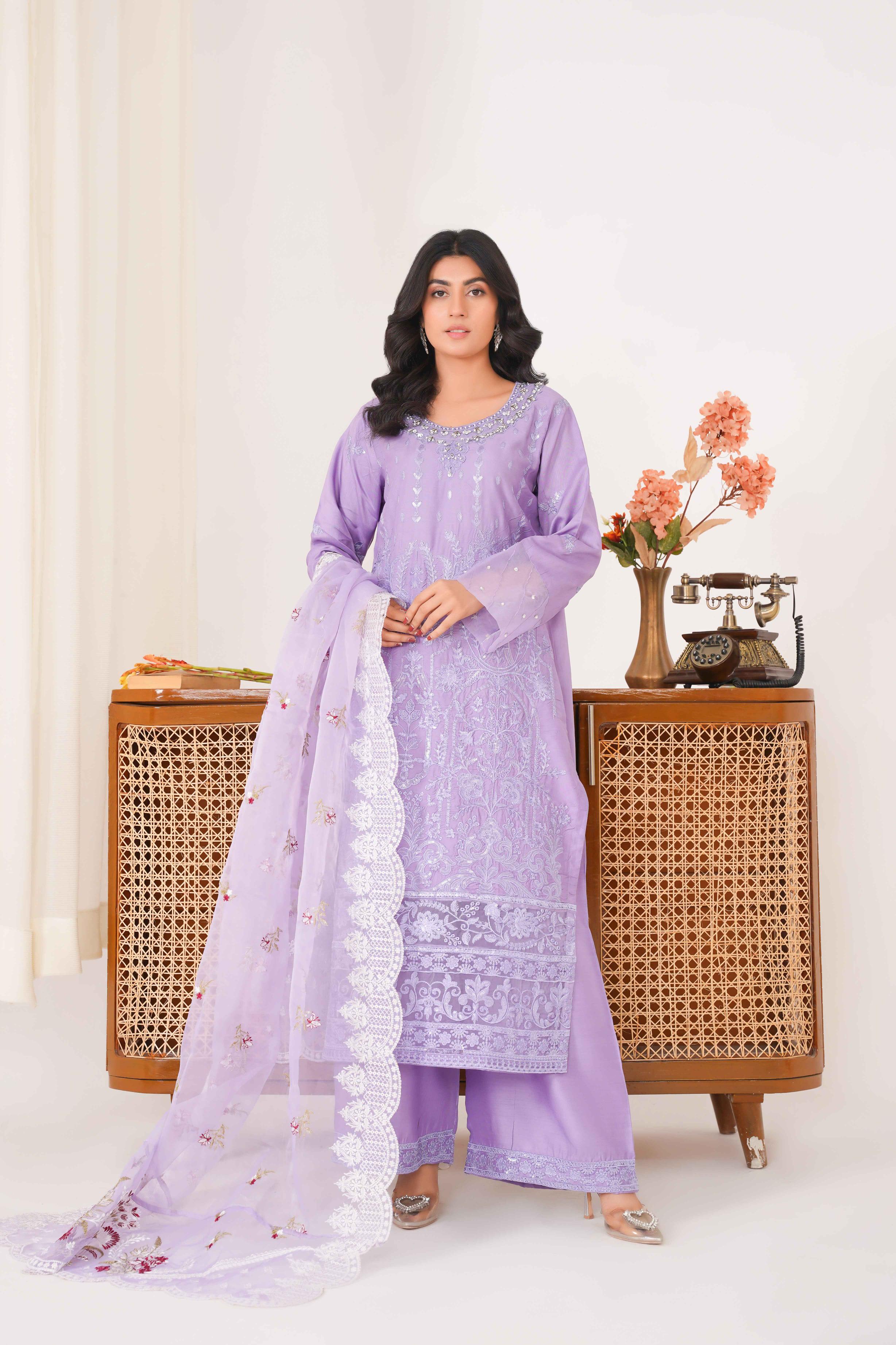 Lavender 3PC -  Embroidered Luxe Pret